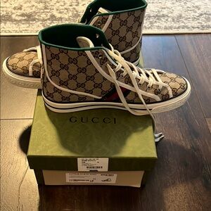 Gucci High-Top Sneakers with Monogram and Red Stripe